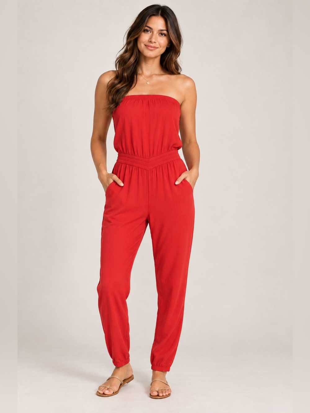 TALULA Strapless Sleeveless Red Ruched Jumpsuit